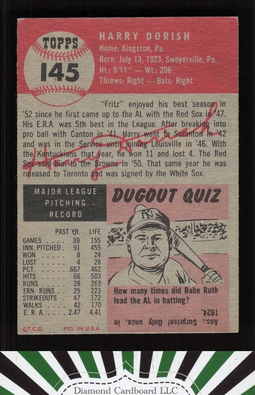 1953 Topps #145 Harry Dorish : Bio uses white text VGEX e, back