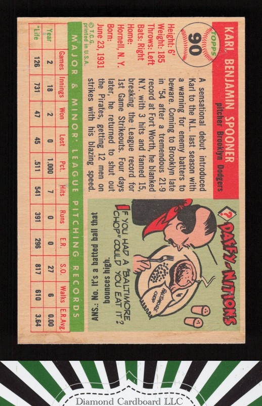 1955 Topps #90 Karl Spooner VGEX k, back