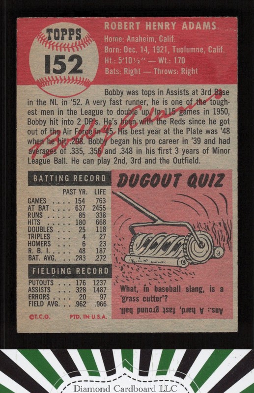 1953 Topps #152 Bobby Adams : Bio uses white text GD a, back