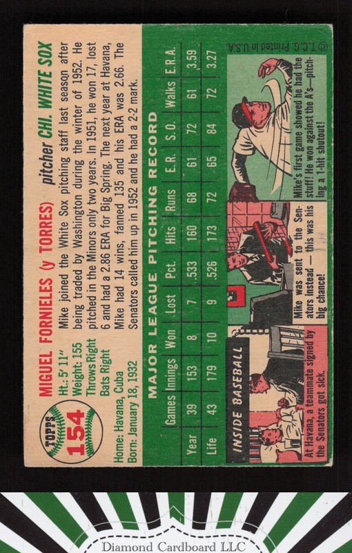 1954 Topps #154 Mike Fornieles VG g, back