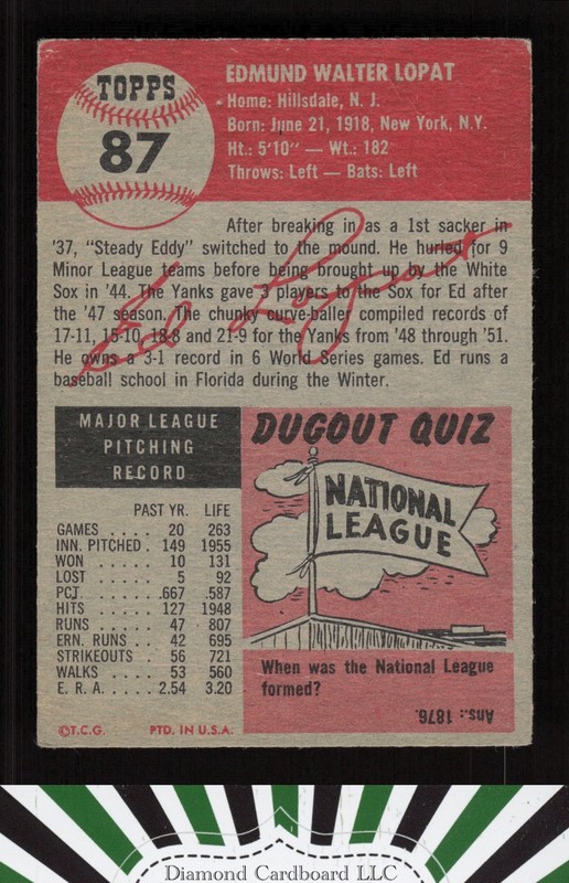 1953 Topps #87 Ed Lopat : Bio uses white text GD a, back