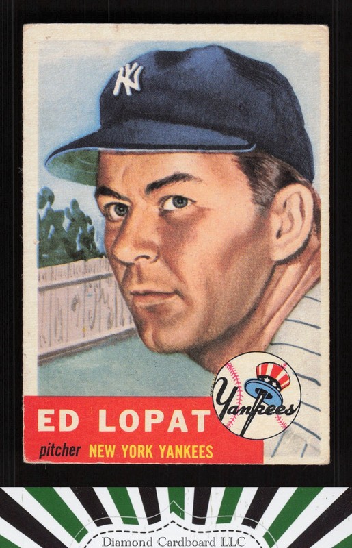 1953 Topps #87 Ed Lopat : Bio uses white text GD a, front