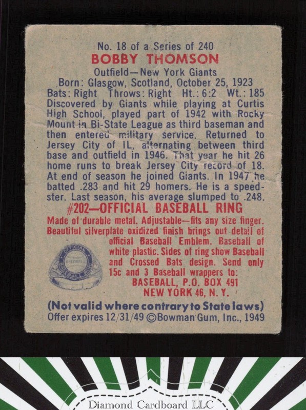 1949 Bowman #18 Bobby Thomson PR a, back