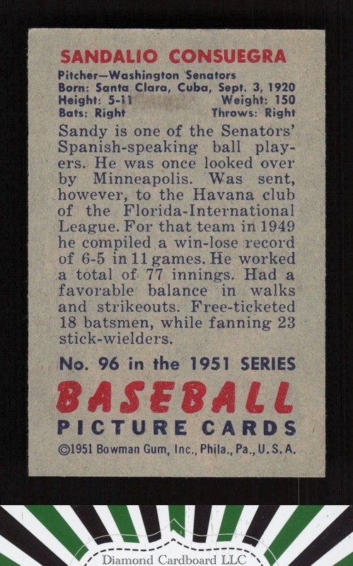 1951 Bowman #96 Sandy Consuegra EXMT, back