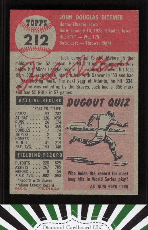 1953 Topps #212 Jack Dittmer GD+ f, back