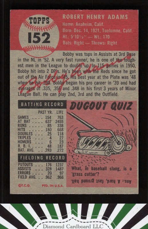 1953 Topps #152 Bobby Adams : Bio uses white text EX+ e, back
