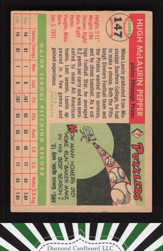 1955 Topps #147 Laurin Pepper VGEX b, back