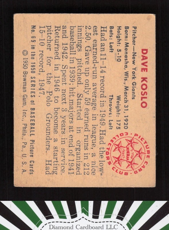 1950 Bowman #65 Dave Koslo VG+, back