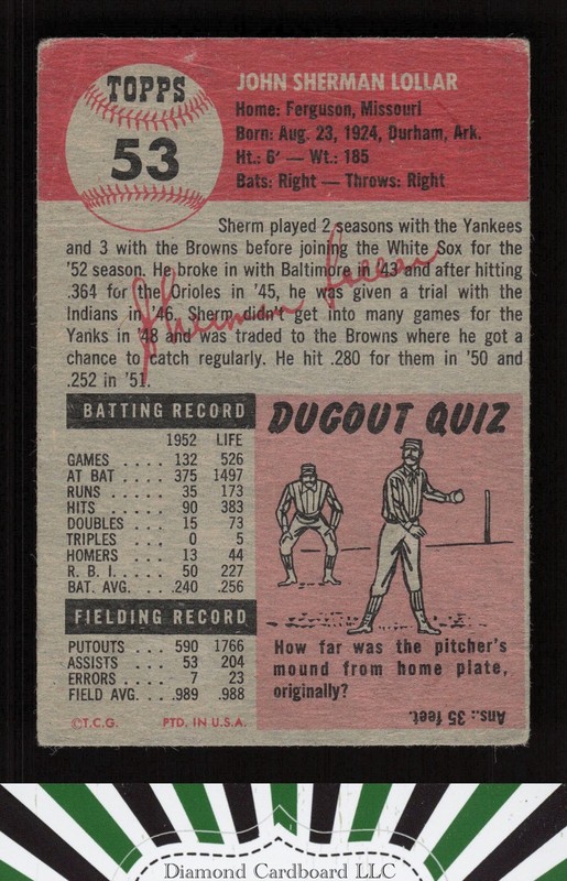 1953 Topps #53 Sherm Lollar FR b, back