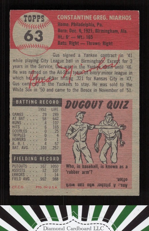 1953 Topps #63 Gus Niarhos VGEX g, back