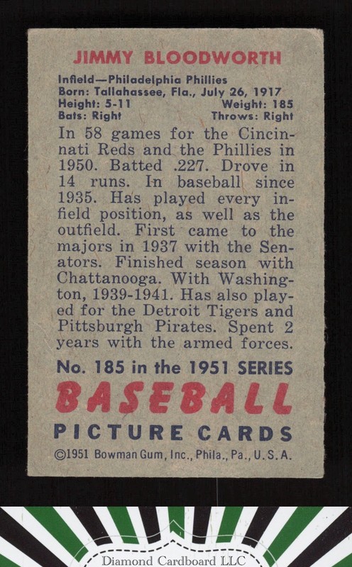 1951 Bowman #185 Jimmy Bloodworth VGEX [CENTERED], back