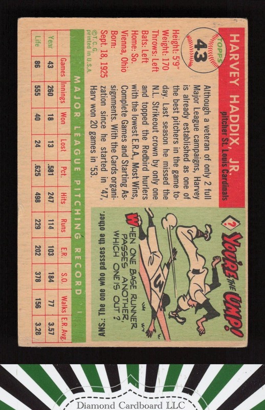 1955 Topps #43 Harvey Haddix VG h, back