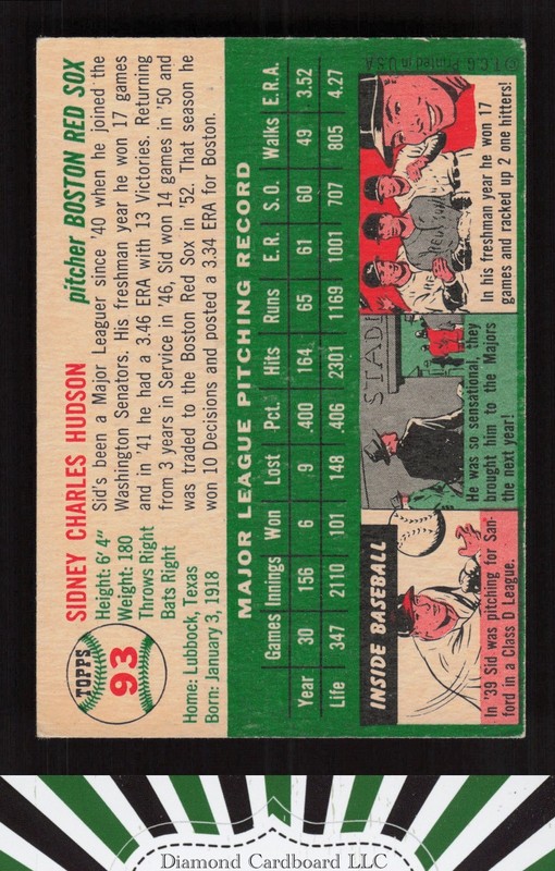 1954 Topps #93 Sid Hudson VGEX f, back