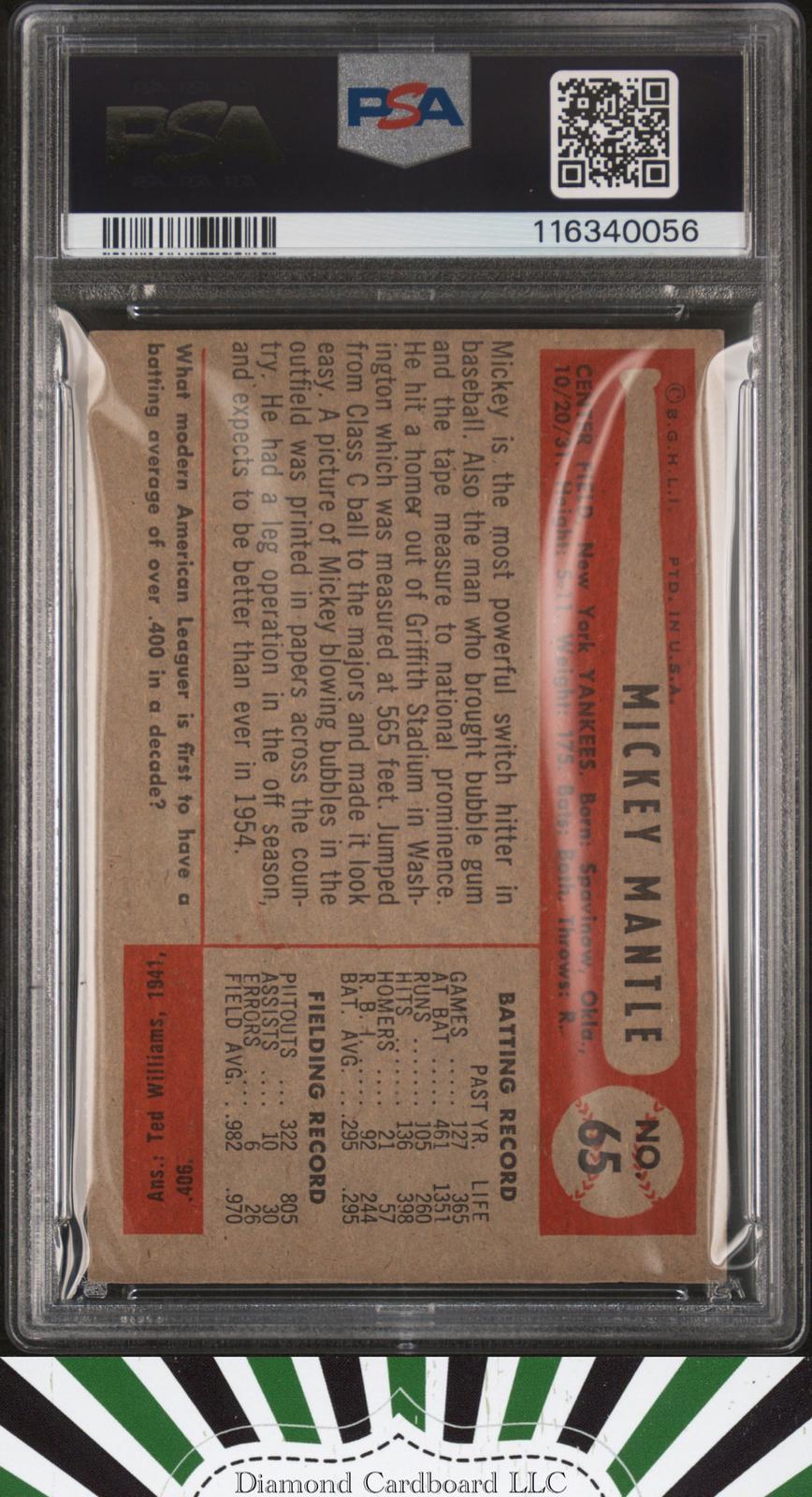 1954 Bowman #65 Mickey Mantle PSA 5 [EXTREMELY SHARP], back