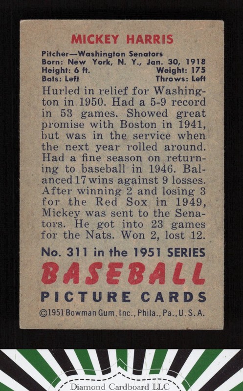 1951 Bowman #311 Mickey Harris VGEX, back