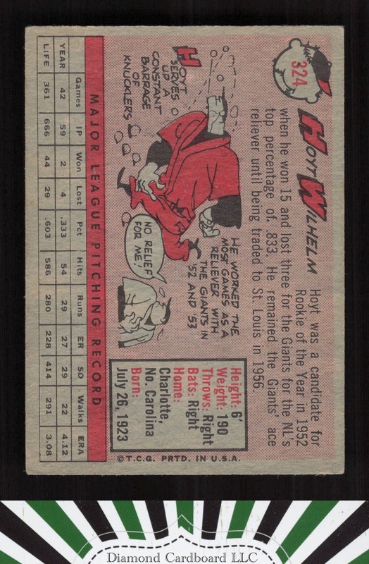 1958 Topps #324 Hoyt Wilhelm VGEX j, back