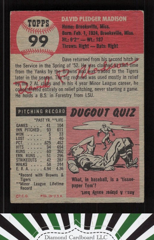 1953 Topps #99 Dave Madison : Bio uses black text VGEX d, back