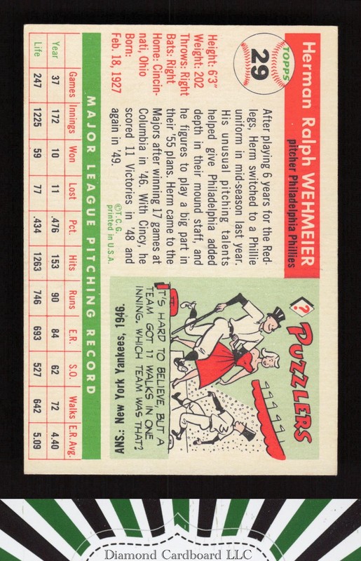 1955 Topps #29 Herman Wehmeier EX p, back