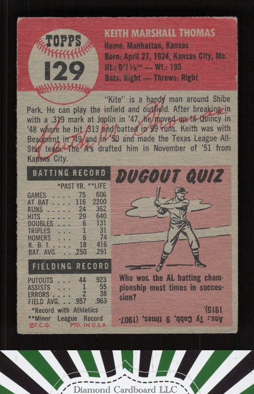 1953 Topps #129 Keith Thomas : Bio uses black text VG a, back