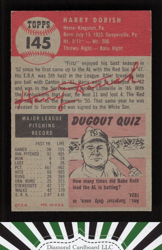 1953 Topps #145 Harry Dorish : Bio uses white text EXMT a, back