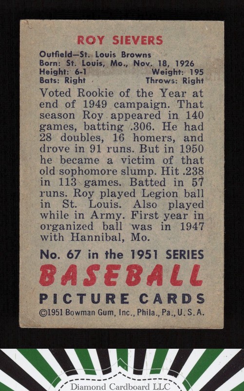 1951 Bowman #67 Roy Sievers VGEX, back