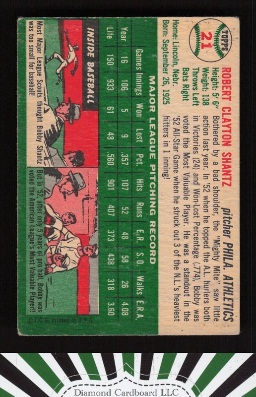 1954 Topps #21 Bobby Shantz GD+ m, back