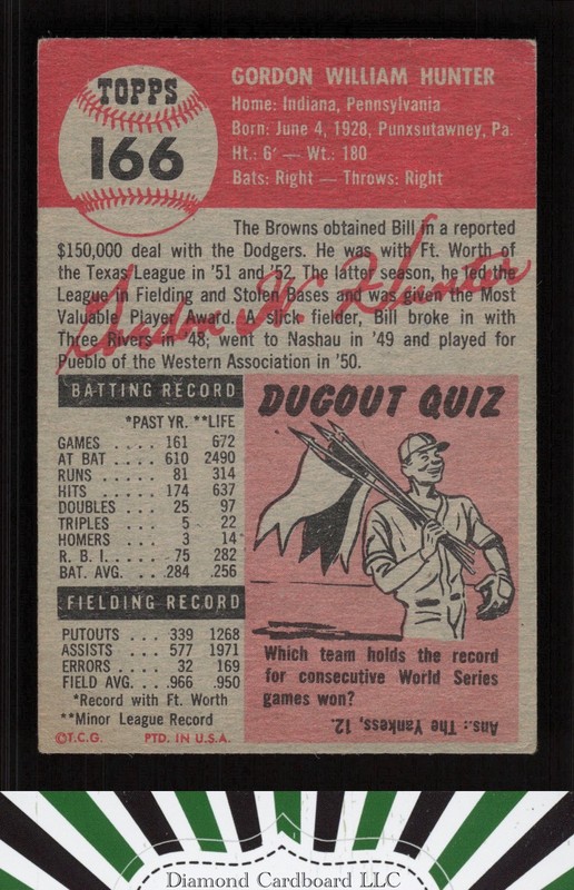 1953 Topps #166 Billy Hunter VG+ c, back