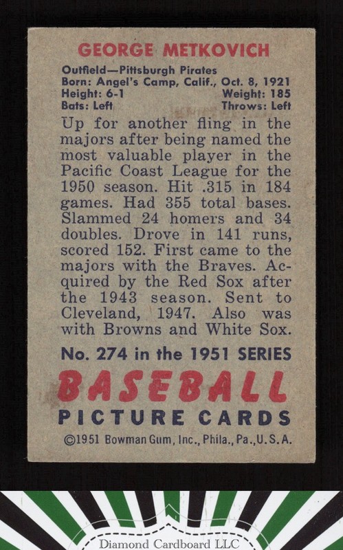 1951 Bowman #274 George Metkovich VGEX, back