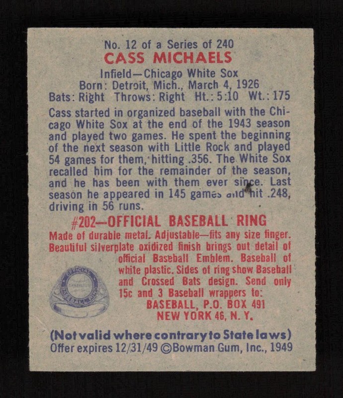 1949 Bowman #12 Cass Michaels VG+ [LOOKS EXMT], back