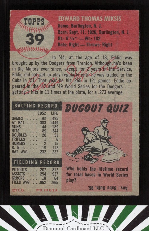 1953 Topps #39 Eddie Miksis VGEX g, back