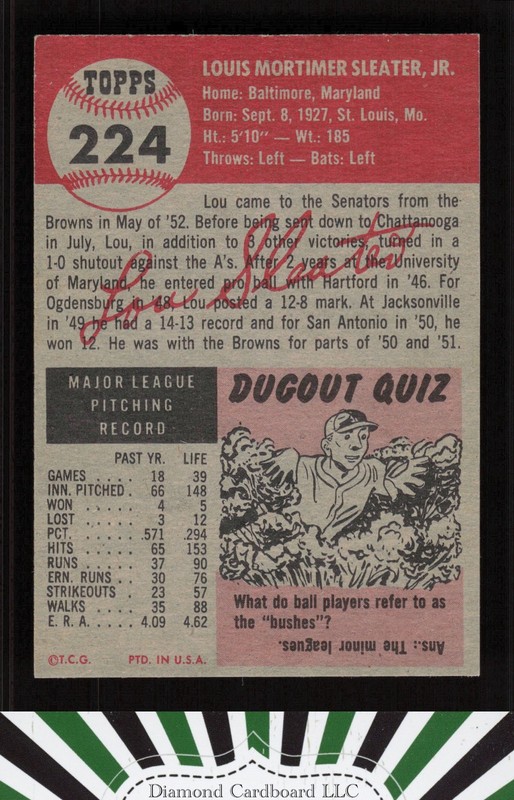 1953 Topps #224 Lou Sleater EX+ h, back