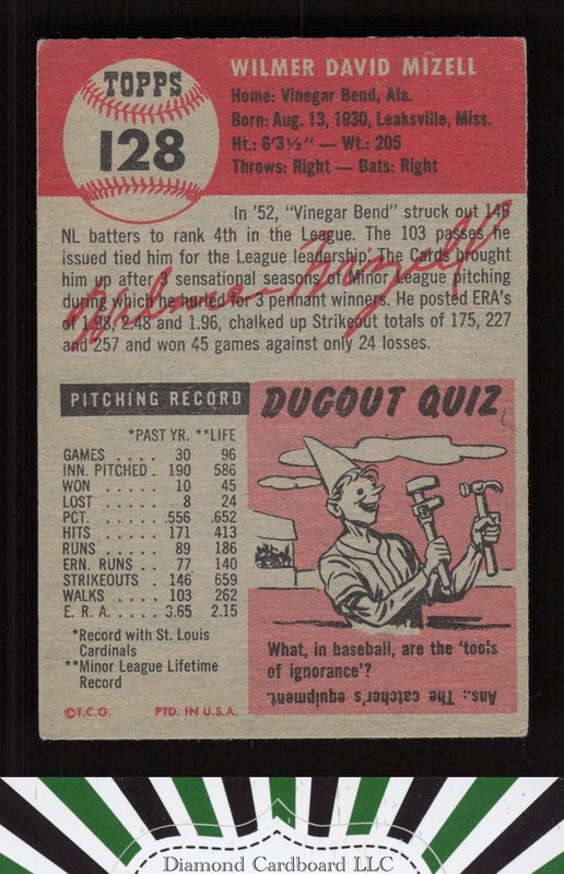 1953 Topps #128 Wilmer Mizell : Bio uses black text VG e, back