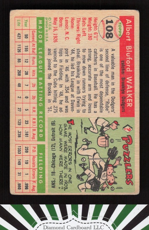 1955 Topps #108 "Rube" Walker GD b, back