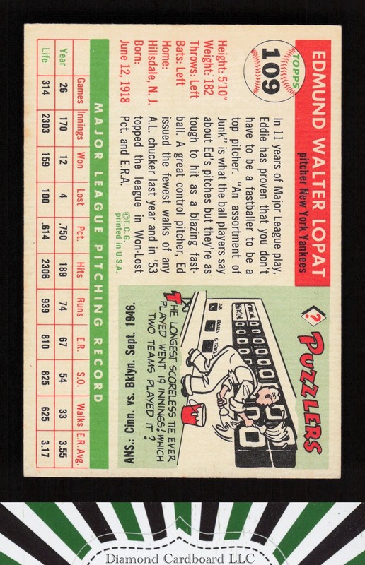 1955 Topps #109 Ed Lopat EX p, back