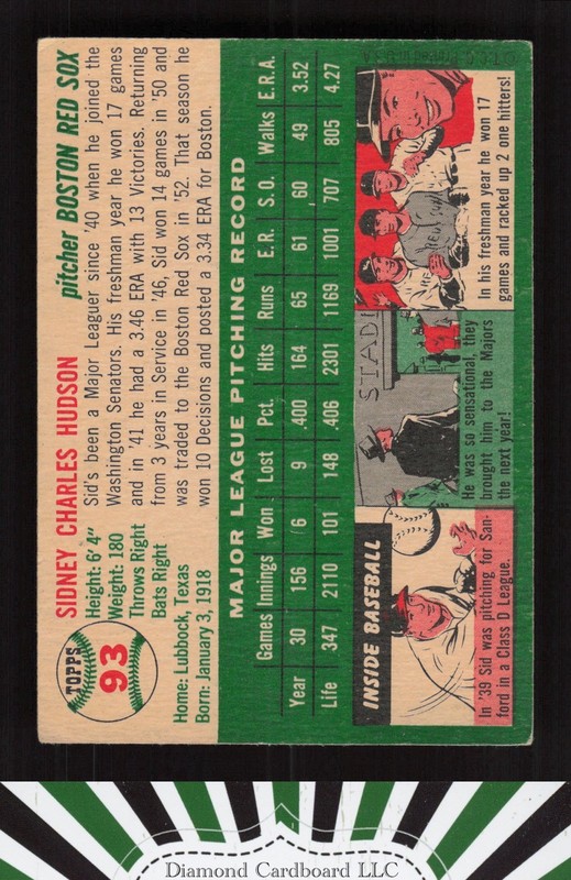 1954 Topps #93 Sid Hudson VGEX g, back