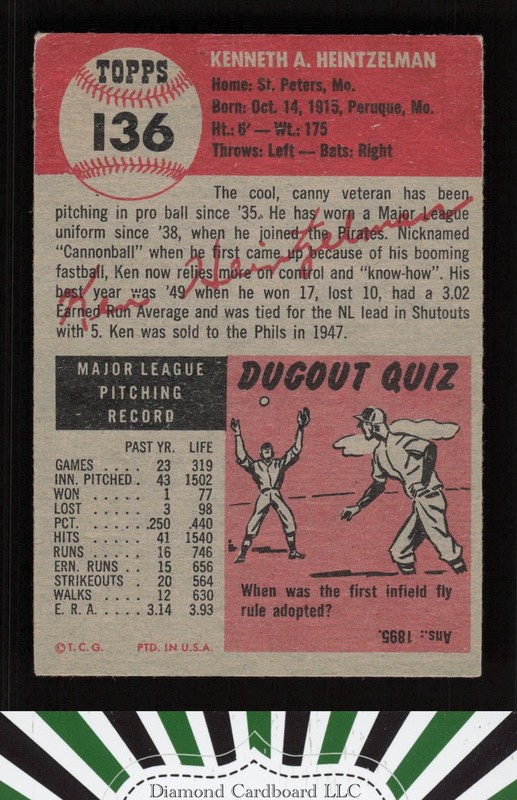 1953 Topps #136 Ken Heintzelman : Bio uses black text VGEX f, back