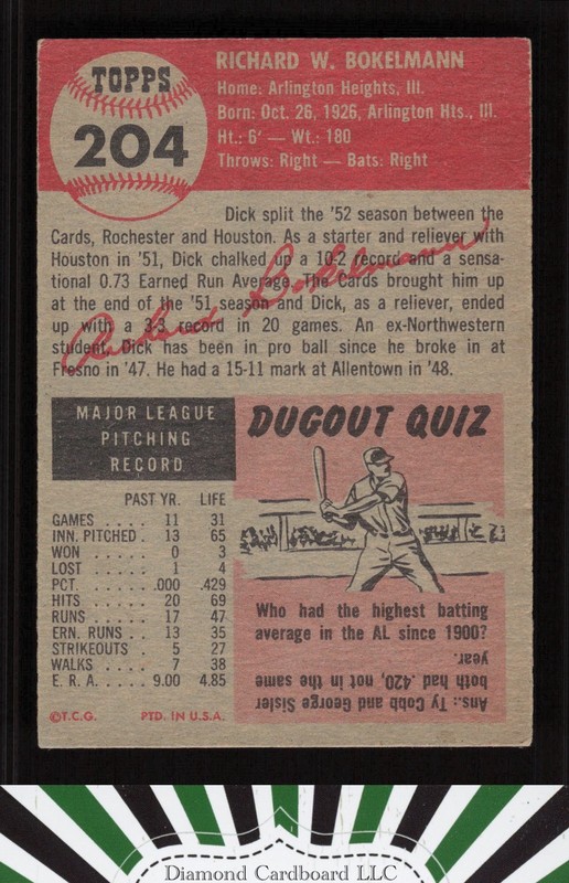 1953 Topps #204 Dick Bokelmann VGEX e, back