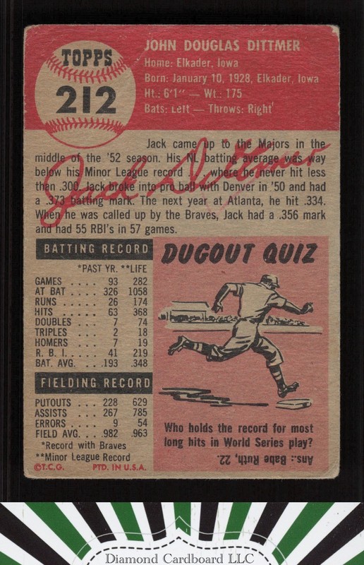 1953 Topps #212 Jack Dittmer PR a, back