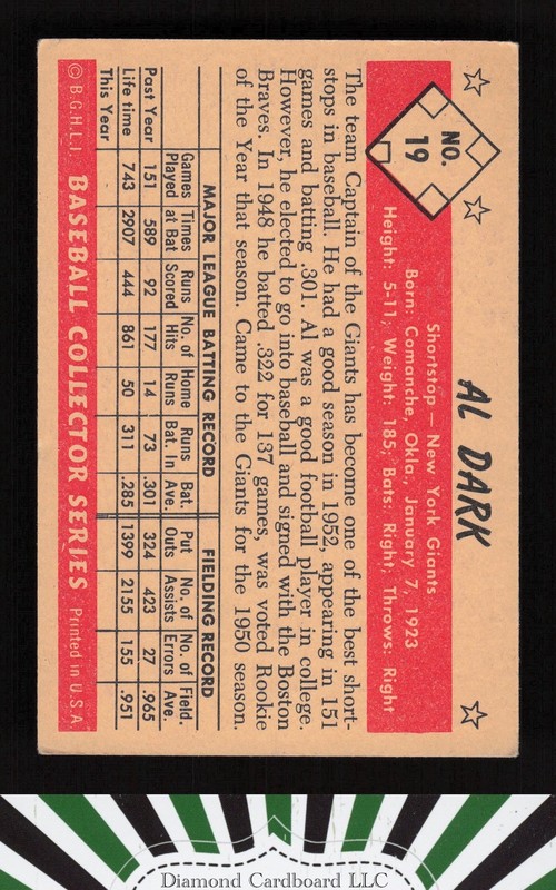 1953 Bowman Color #19 Al Dark VGEX [CENTERED] a, back