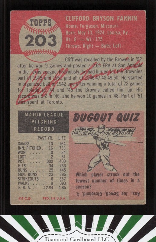 1953 Topps #203 Cliff Fannin VGEX+ h, back