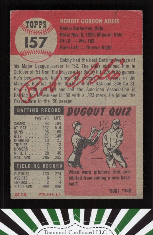 1953 Topps #157 Bob Addis : Bio uses black text VG b, back
