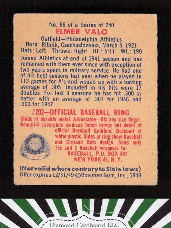 1949 Bowman #66 Elmer Valo VG+ b, back