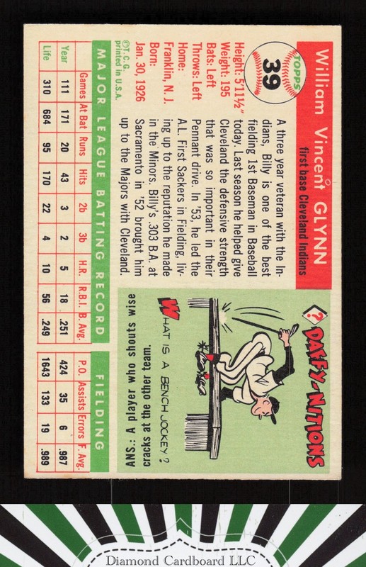 1955 Topps #39 Bill Glynn VGEX+ o, back