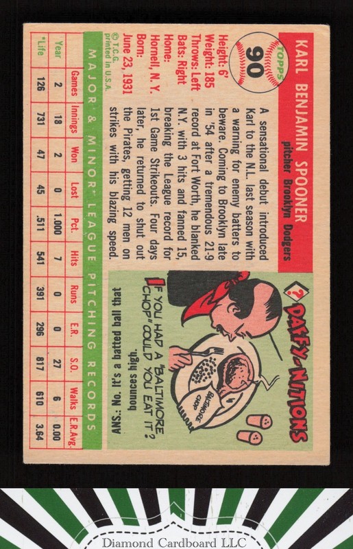 1955 Topps #90 Karl Spooner VGEX e, back