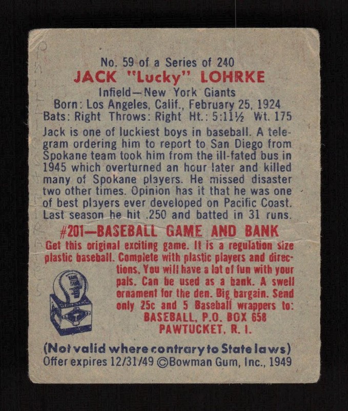 1949 Bowman #59 Jack "Lucky" Lohrke GD, back