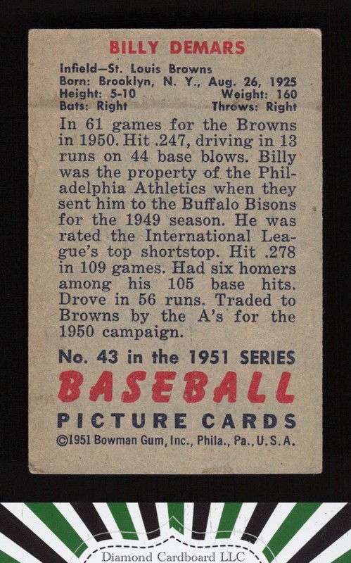 1951 Bowman #43 Billy DeMars GD+, back