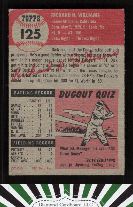 1953 Topps #125 Dick Williams : Bio uses white text VG c, back