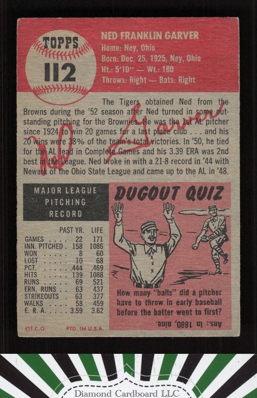 1953 Topps #112 Ned Garver : Bio uses white text VGEX [CENTERED] d, back
