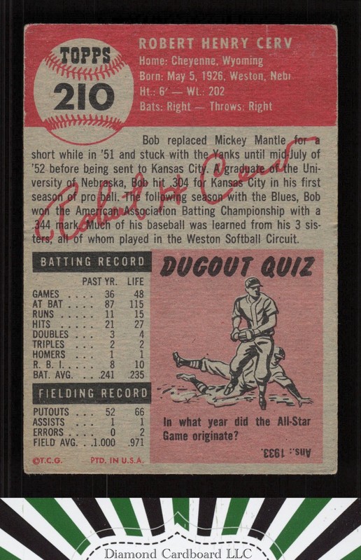 1953 Topps #210 Bob Cerv FR a, back