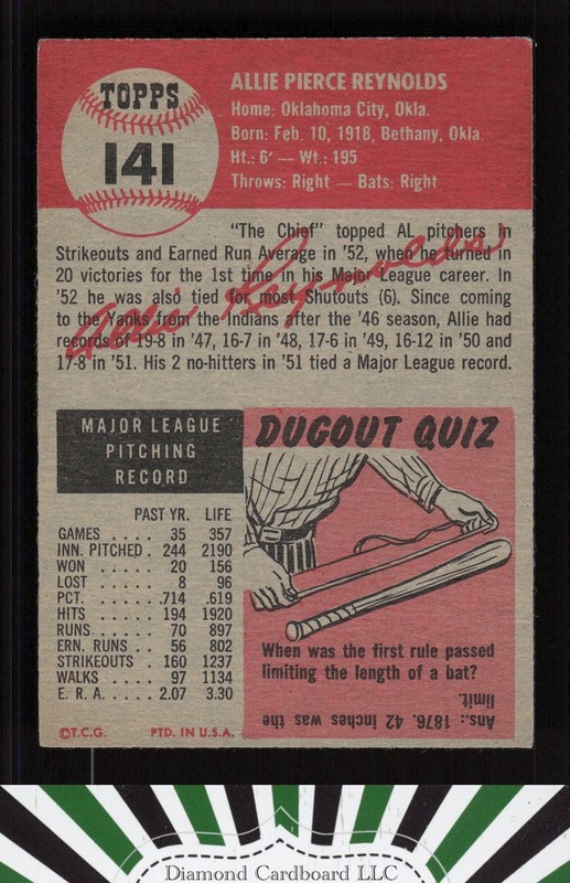 1953 Topps #141 Allie Reynolds : Bio uses white text VG d, back